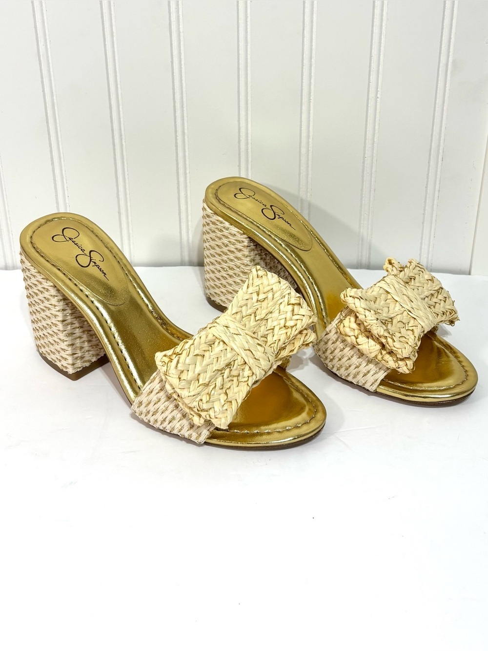 Jessica Simpson Romilda Raffia Bow Block Heel Sandals Size 7M